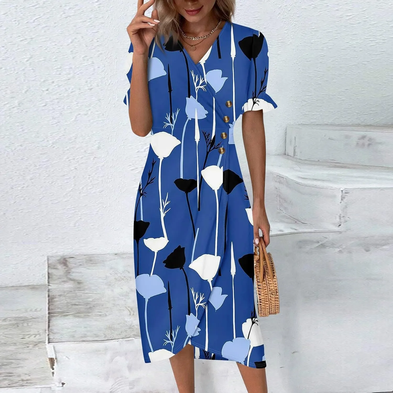 Summer Dresses 2025 Long Sundresses Vacation Ruffled Pleated V Neck Wrap Dress for Women Casual Short Sleeve