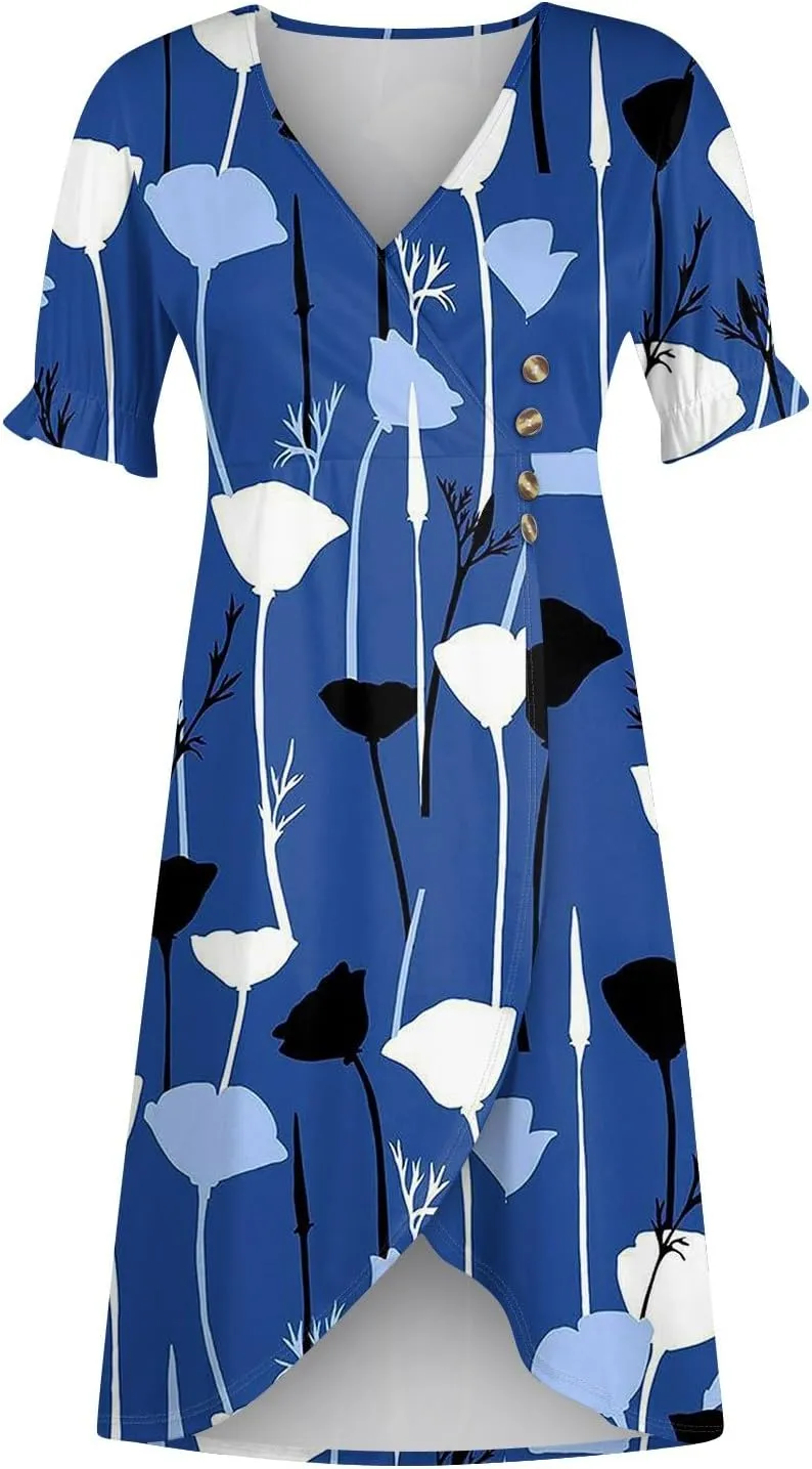 Summer Dresses 2025 Long Sundresses Vacation Ruffled Pleated V Neck Wrap Dress for Women Casual Short Sleeve