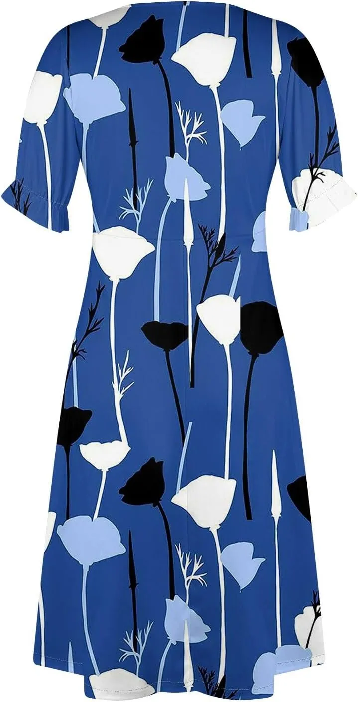 Summer Dresses 2025 Long Sundresses Vacation Ruffled Pleated V Neck Wrap Dress for Women Casual Short Sleeve