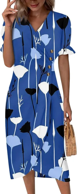 Summer Dresses 2025 Long Sundresses Vacation Ruffled Pleated V Neck Wrap Dress for Women Casual Short Sleeve