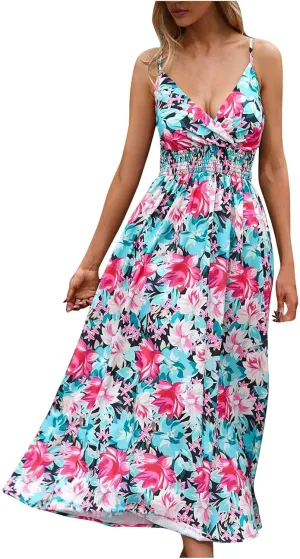 Summer Dresses for Women 2024 Floral Bohemian Spaghetti Strap Sleeveless V Neck Flowy Maxi Sun dresses Travel Clothes