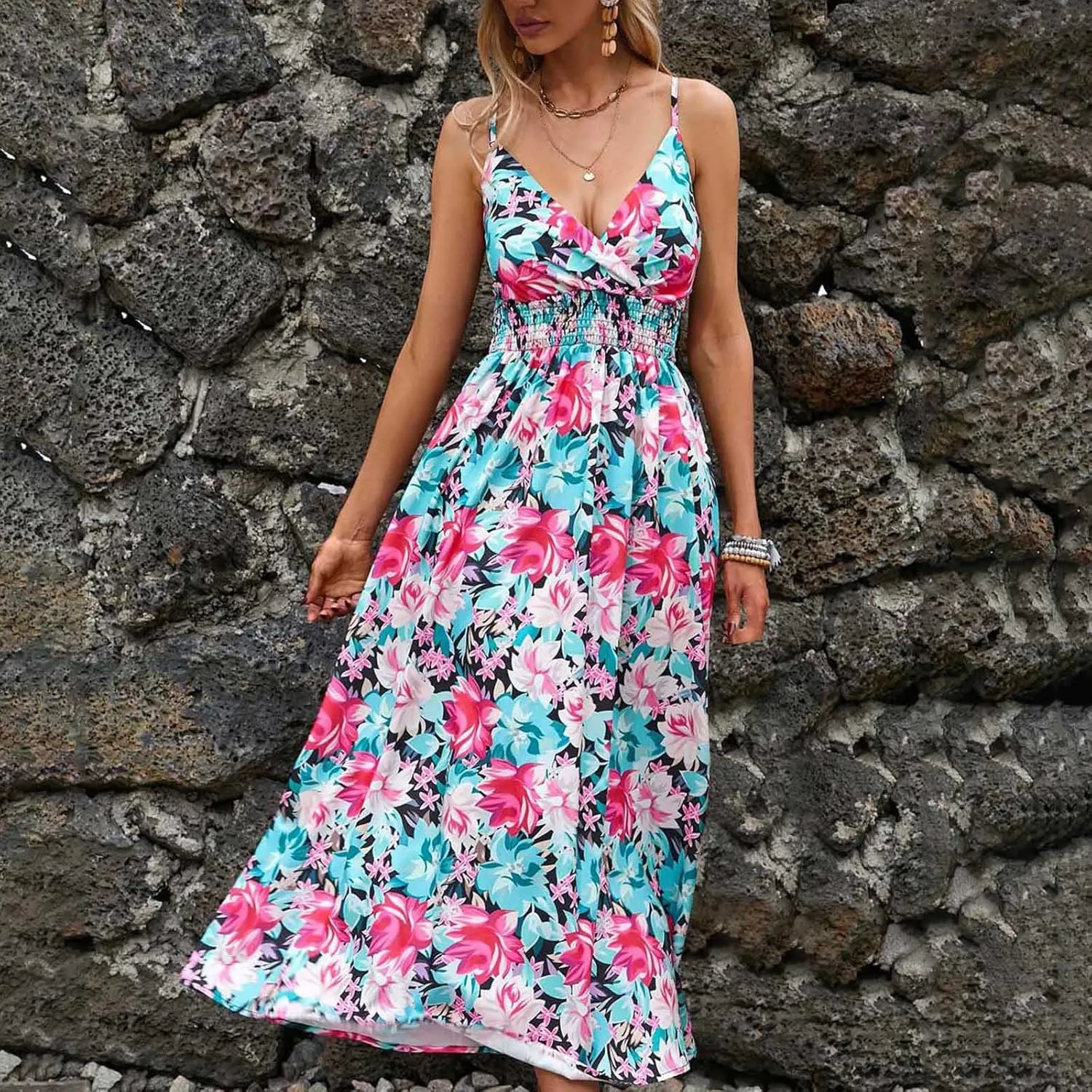 Summer Dresses for Women 2024 Floral Bohemian Spaghetti Strap Sleeveless V Neck Flowy Maxi Sun dresses Travel Clothes