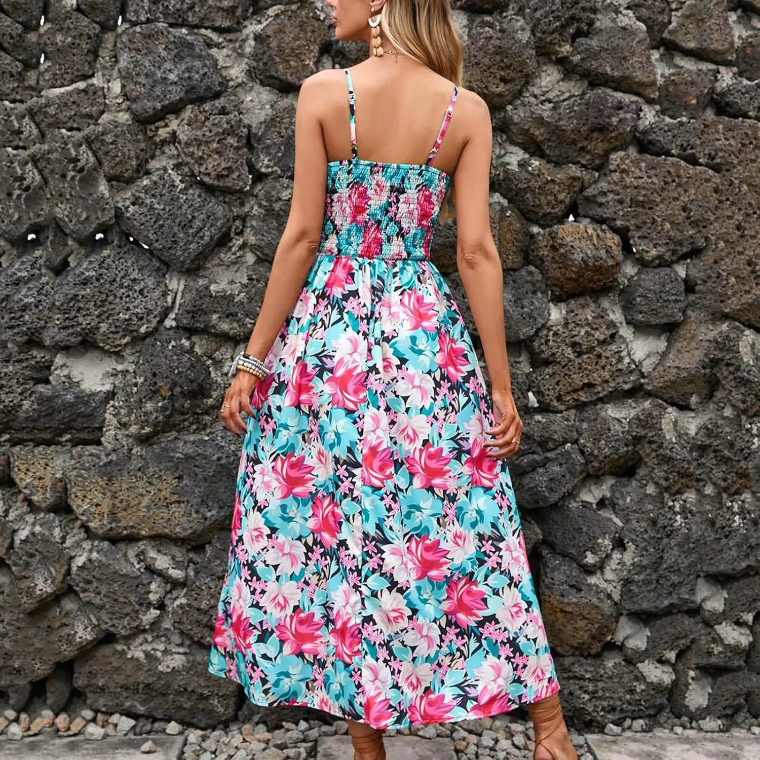 Summer Dresses for Women 2024 Floral Bohemian Spaghetti Strap Sleeveless V Neck Flowy Maxi Sun dresses Travel Clothes