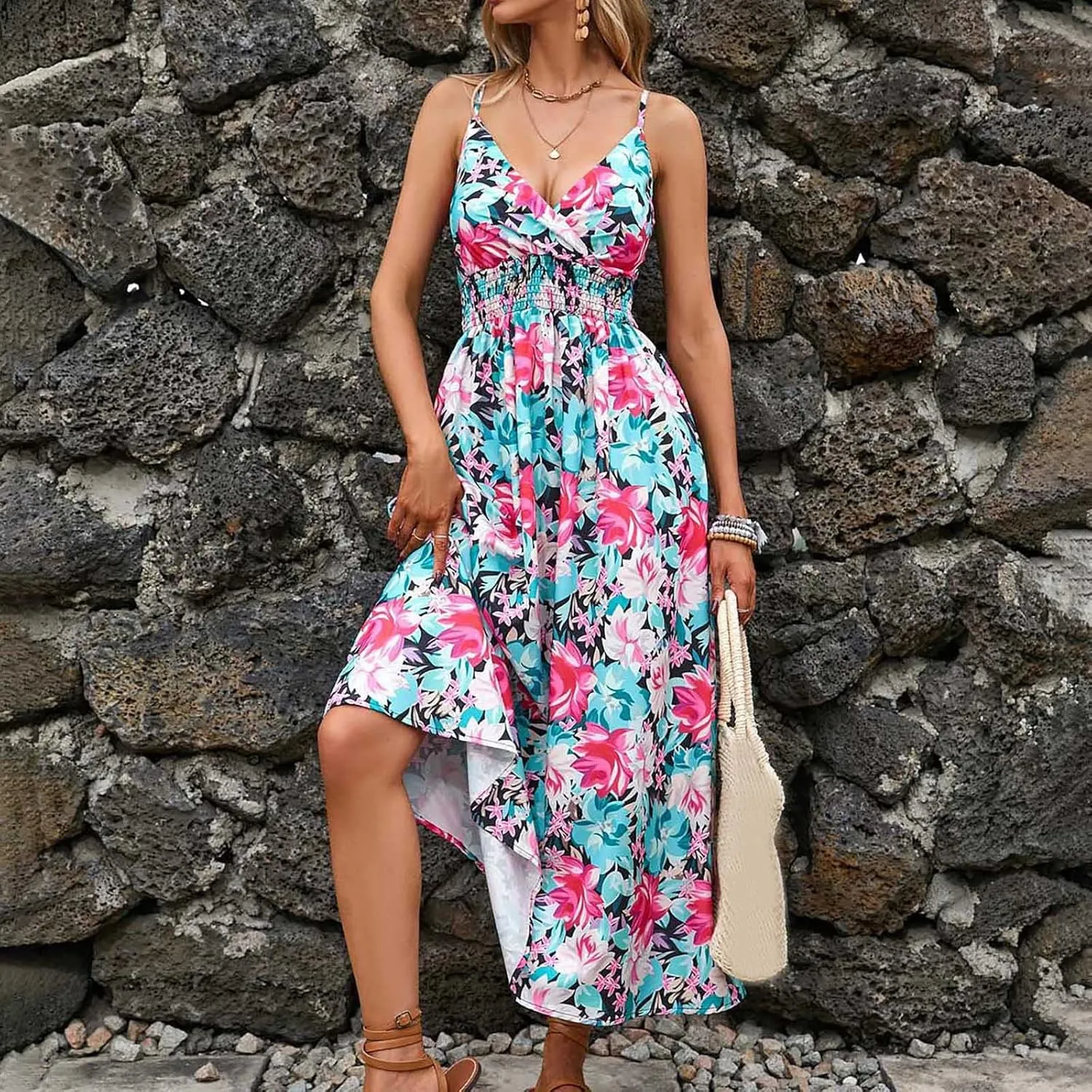 Summer Dresses for Women 2024 Floral Bohemian Spaghetti Strap Sleeveless V Neck Flowy Maxi Sun dresses Travel Clothes