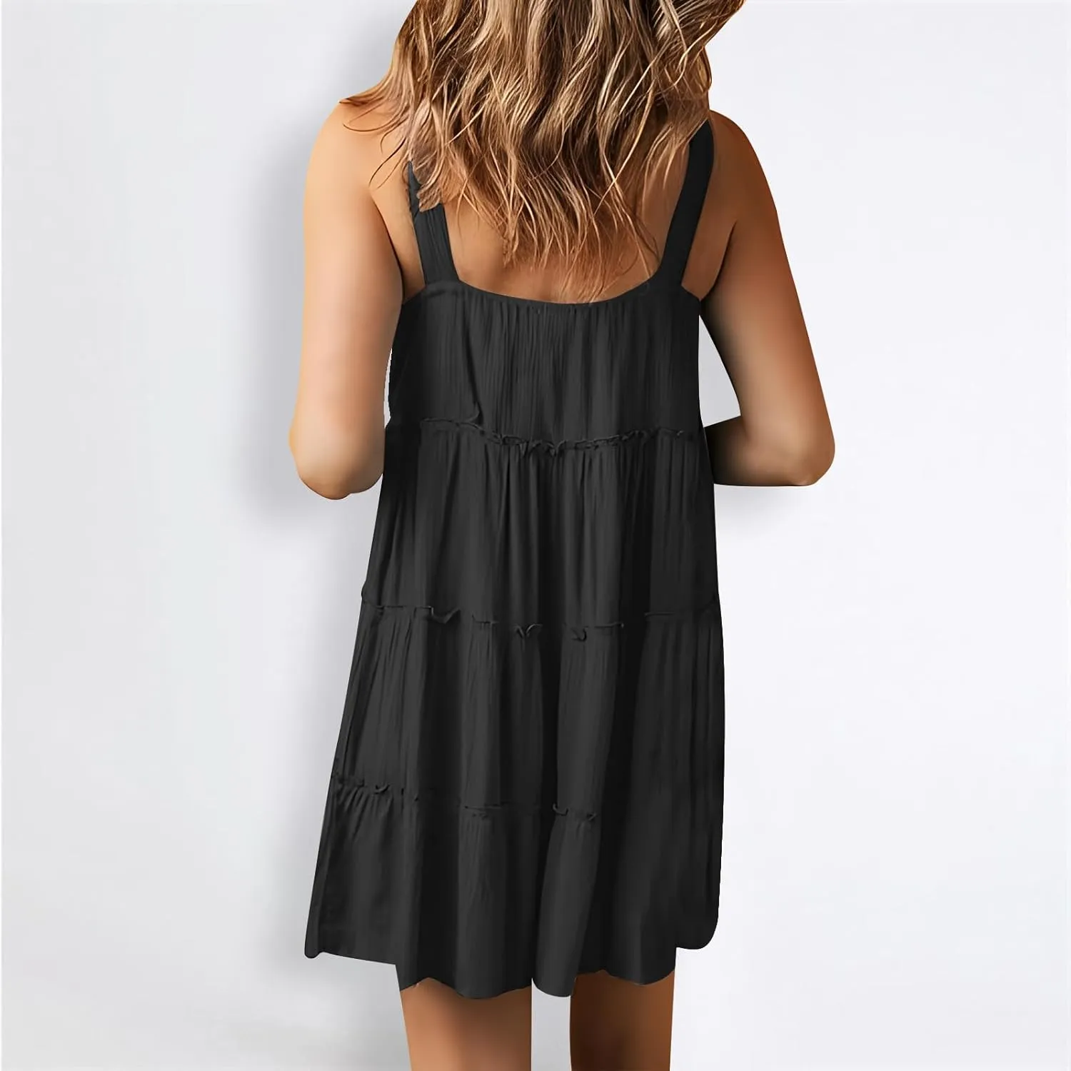 Summer Dresses for Women 2024 Vacation Solid Color Casual Sleeveless Tank Dress Loose Tiered Ruffle Mini Sun Dresses