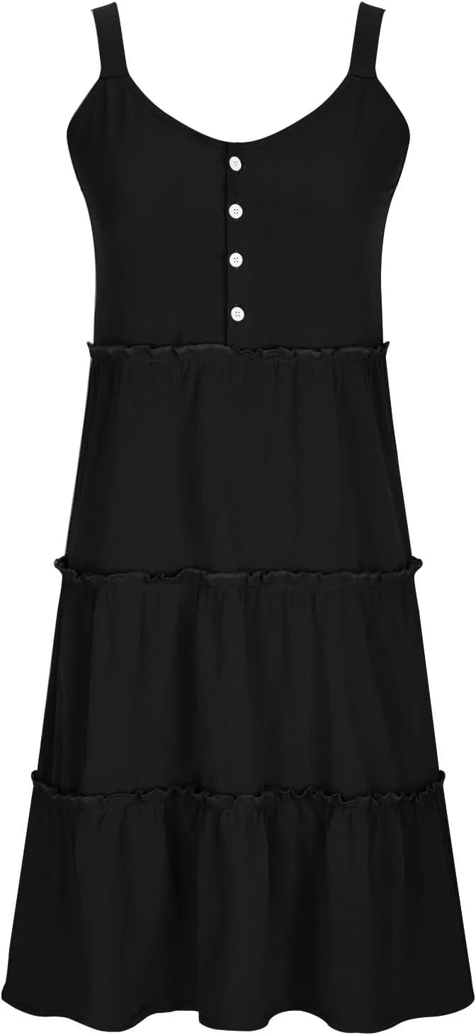 Summer Dresses for Women 2024 Vacation Solid Color Casual Sleeveless Tank Dress Loose Tiered Ruffle Mini Sun Dresses