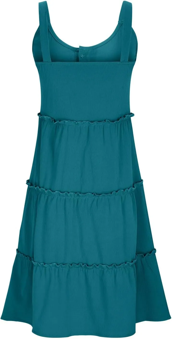 Summer Dresses for Women 2024 Vacation Solid Color Casual Sleeveless Tank Dress Loose Tiered Ruffle Mini Sun Dresses