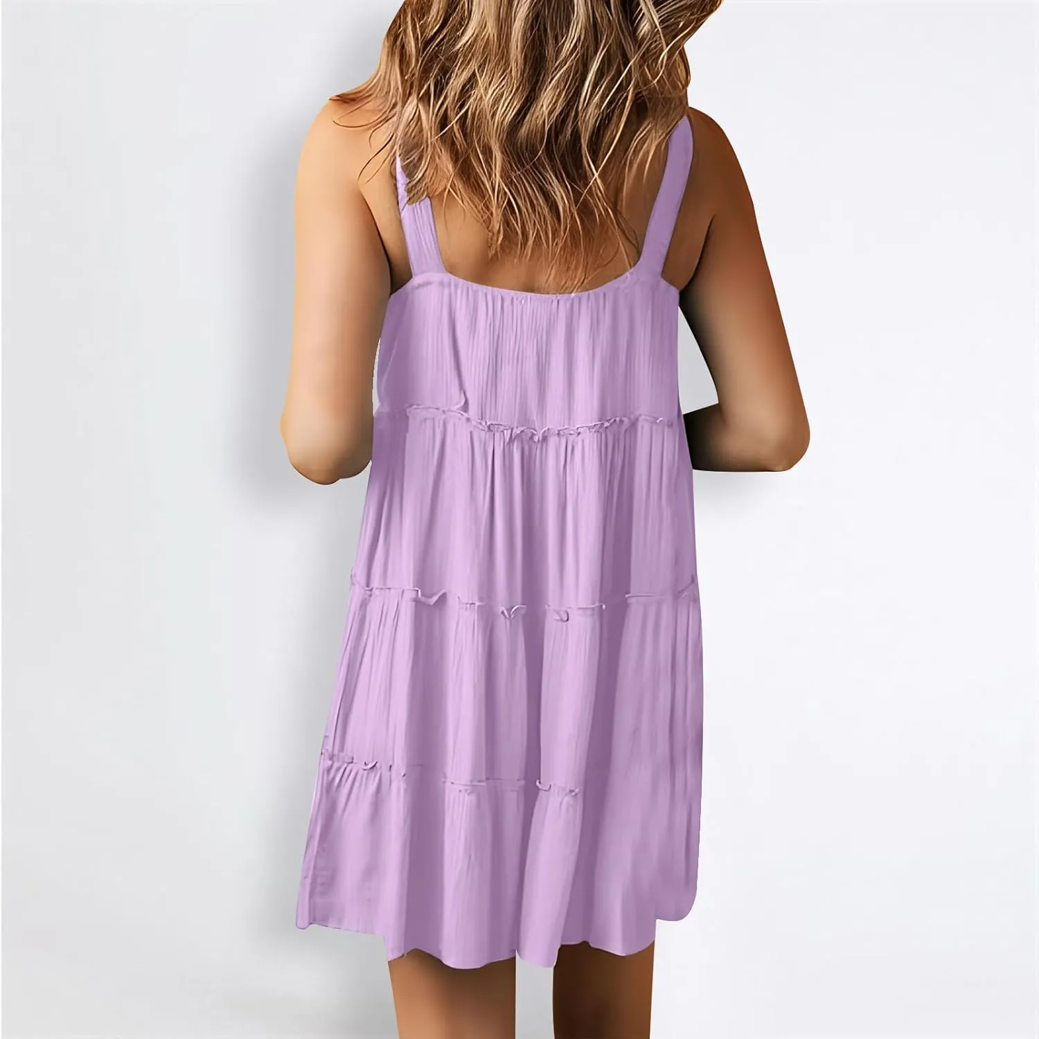 Summer Dresses for Women 2024 Vacation Solid Color Casual Sleeveless Tank Dress Loose Tiered Ruffle Mini Sun Dresses