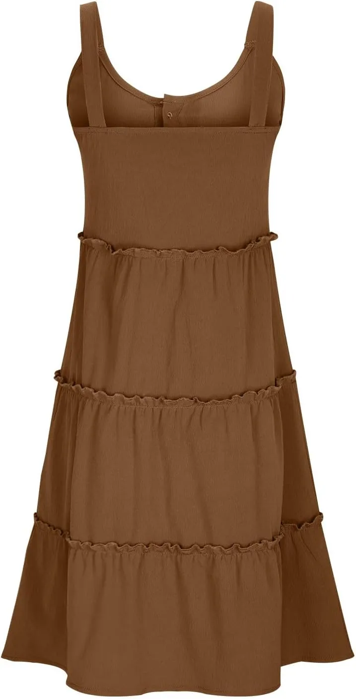 Summer Dresses for Women 2024 Vacation Solid Color Casual Sleeveless Tank Dress Loose Tiered Ruffle Mini Sun Dresses