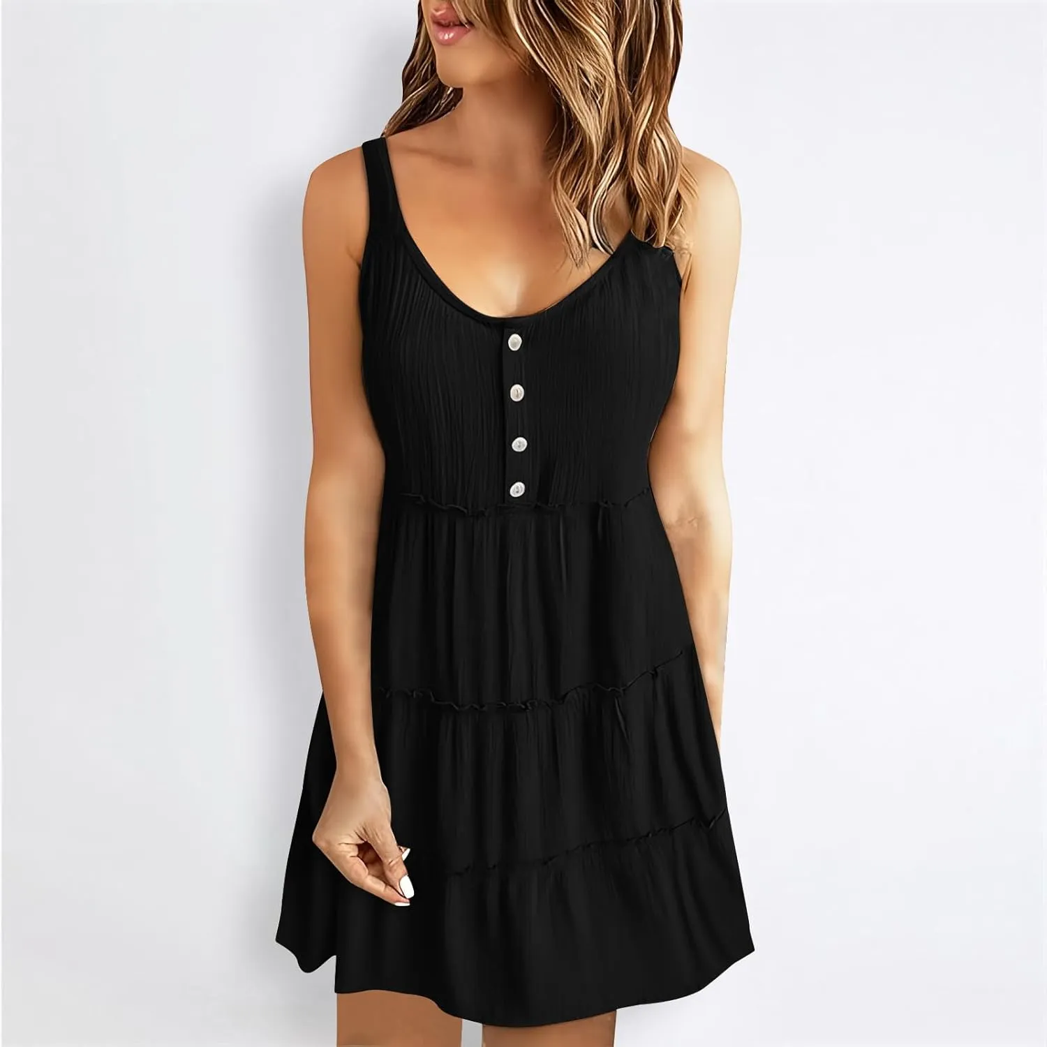 Summer Dresses for Women 2024 Vacation Solid Color Casual Sleeveless Tank Dress Loose Tiered Ruffle Mini Sun Dresses