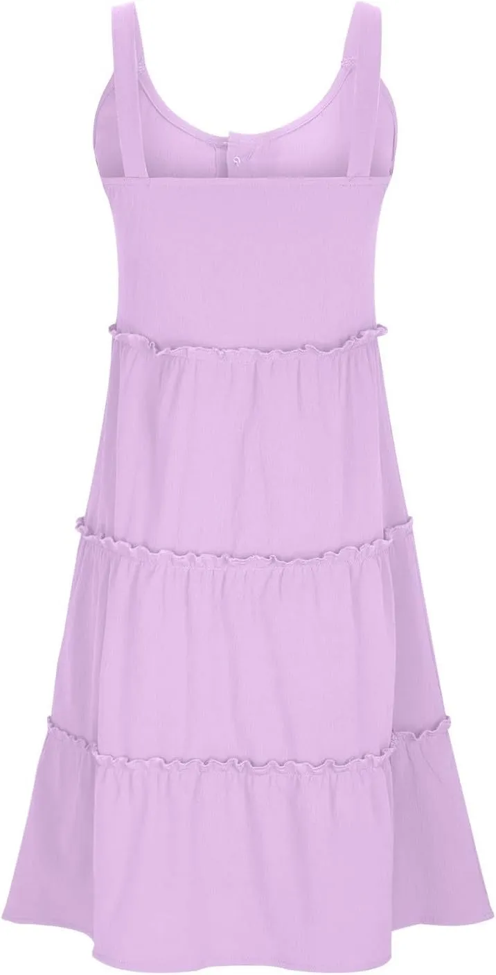 Summer Dresses for Women 2024 Vacation Solid Color Casual Sleeveless Tank Dress Loose Tiered Ruffle Mini Sun Dresses