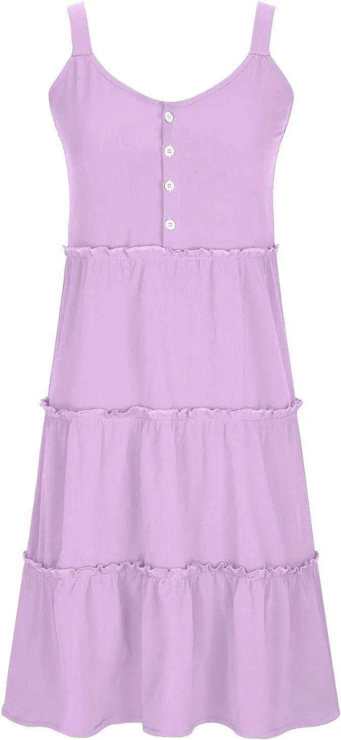 Summer Dresses for Women 2024 Vacation Solid Color Casual Sleeveless Tank Dress Loose Tiered Ruffle Mini Sun Dresses