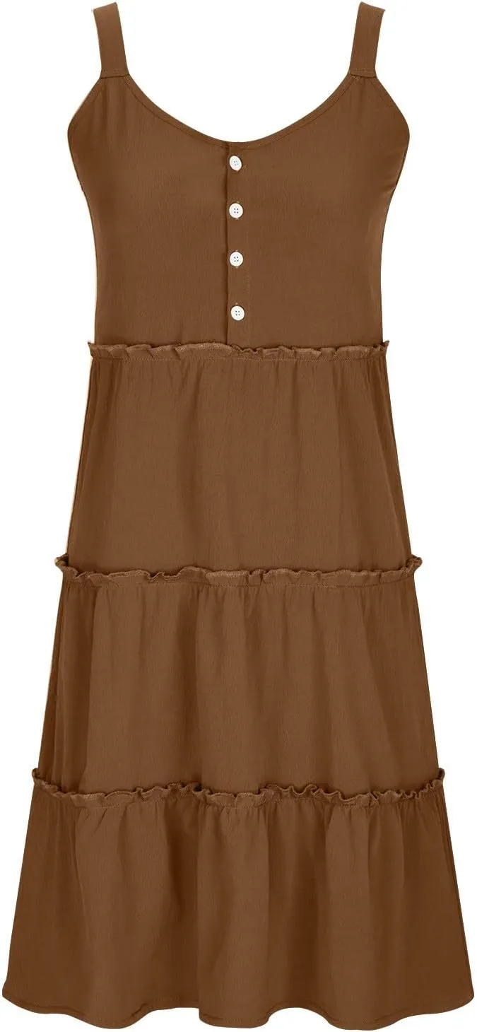 Summer Dresses for Women 2024 Vacation Solid Color Casual Sleeveless Tank Dress Loose Tiered Ruffle Mini Sun Dresses