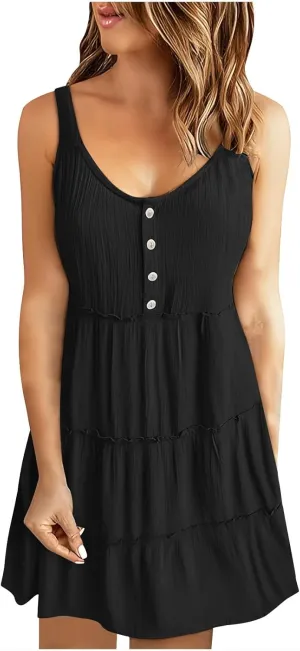 Summer Dresses for Women 2024 Vacation Solid Color Casual Sleeveless Tank Dress Loose Tiered Ruffle Mini Sun Dresses