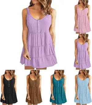 Summer Dresses for Women 2024 Vacation Solid Color Casual Sleeveless Tank Dress Loose Tiered Ruffle Mini Sun Dresses