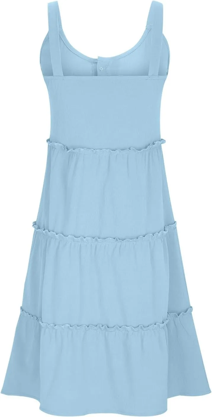 Summer Dresses for Women 2024 Vacation Solid Color Casual Sleeveless Tank Dress Loose Tiered Ruffle Mini Sun Dresses