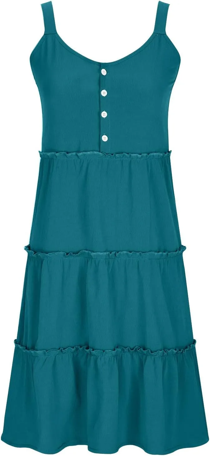 Summer Dresses for Women 2024 Vacation Solid Color Casual Sleeveless Tank Dress Loose Tiered Ruffle Mini Sun Dresses