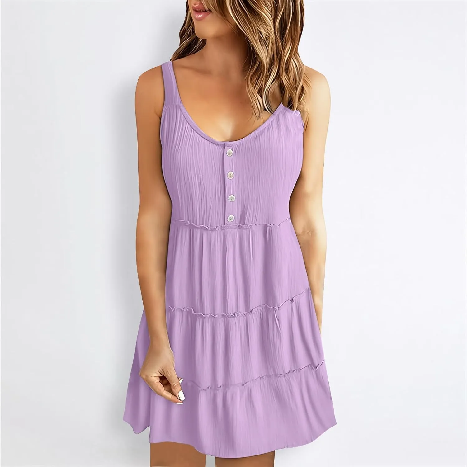 Summer Dresses for Women 2024 Vacation Solid Color Casual Sleeveless Tank Dress Loose Tiered Ruffle Mini Sun Dresses