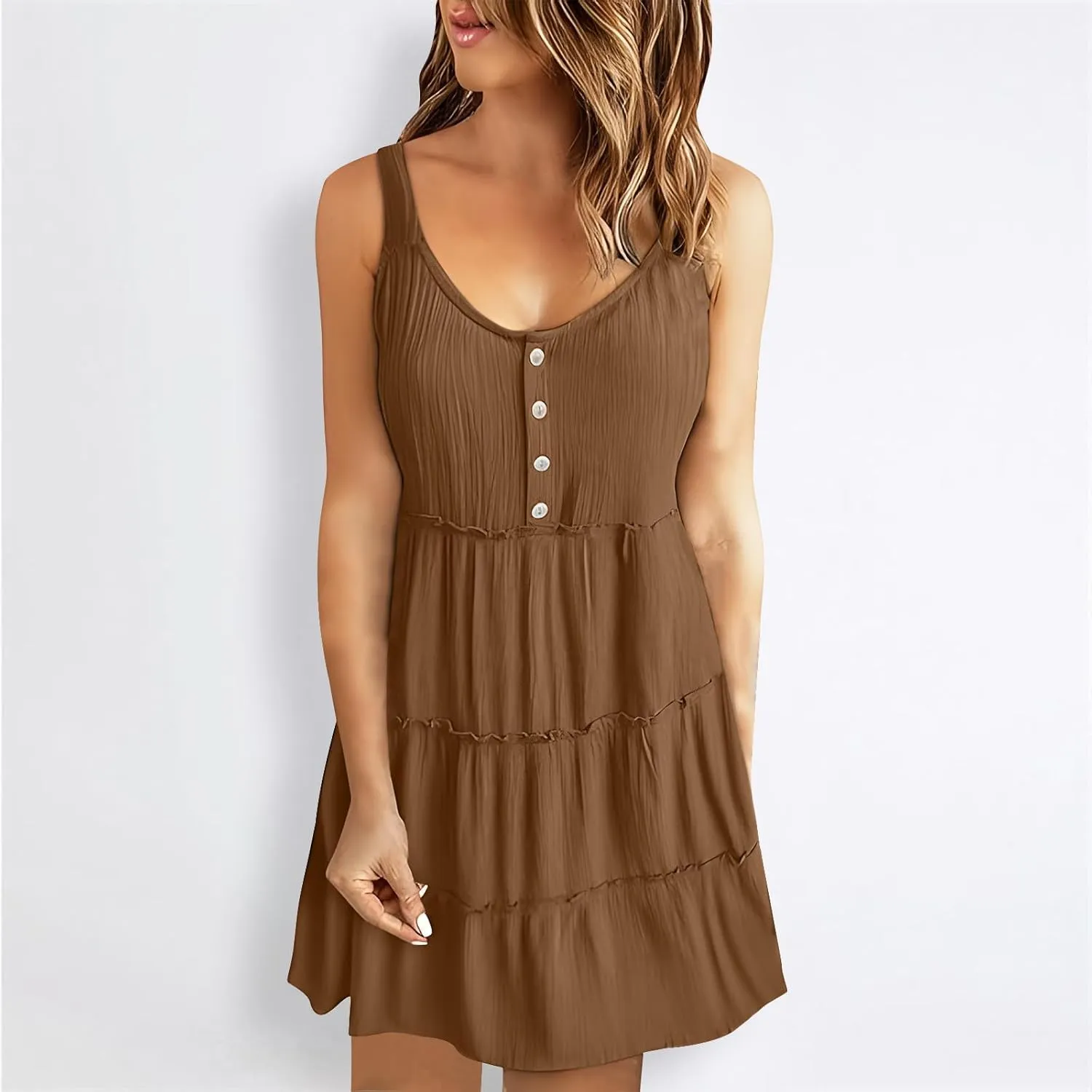 Summer Dresses for Women 2024 Vacation Solid Color Casual Sleeveless Tank Dress Loose Tiered Ruffle Mini Sun Dresses