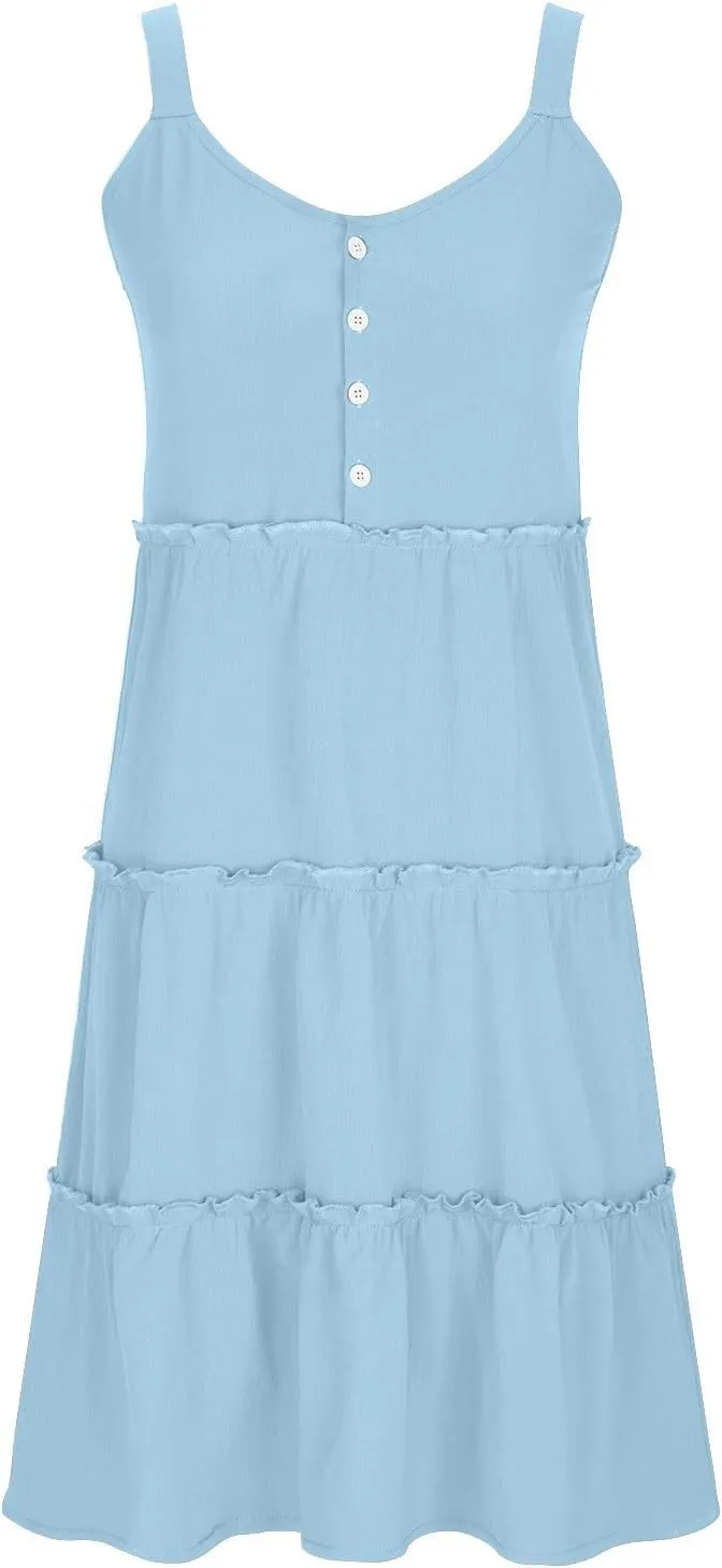 Summer Dresses for Women 2024 Vacation Solid Color Casual Sleeveless Tank Dress Loose Tiered Ruffle Mini Sun Dresses