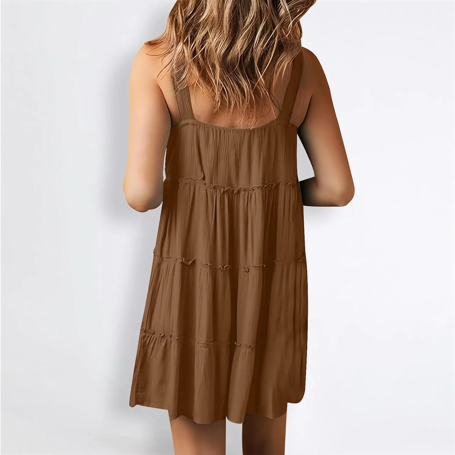Summer Dresses for Women 2024 Vacation Solid Color Casual Sleeveless Tank Dress Loose Tiered Ruffle Mini Sun Dresses