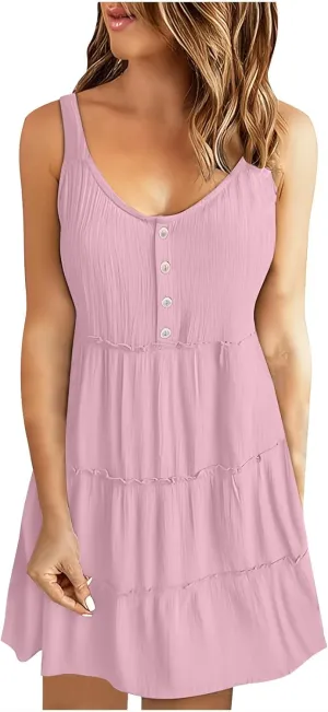 Summer Dresses for Women 2024 Vacation Solid Color Casual Sleeveless Tank Dress Loose Tiered Ruffle Mini Sun Dresses