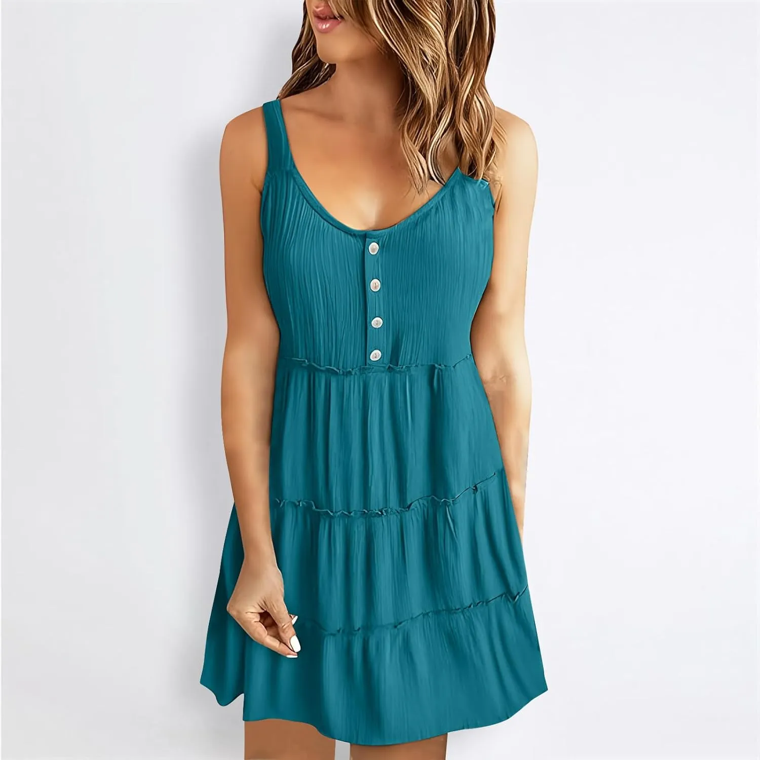 Summer Dresses for Women 2024 Vacation Solid Color Casual Sleeveless Tank Dress Loose Tiered Ruffle Mini Sun Dresses
