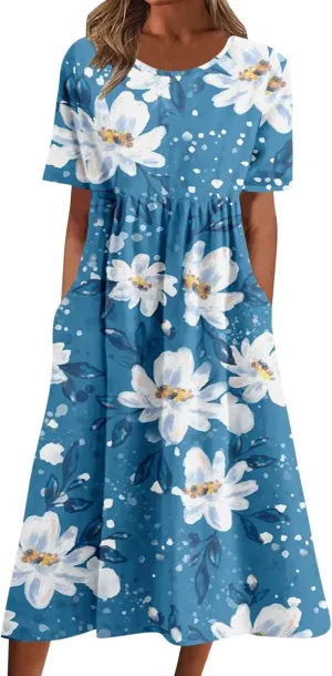 Summer Dresses for Women Floral Print Short Sleeve Long Dress Casual Loose Sundress Travel Vacation Summer Clothes
