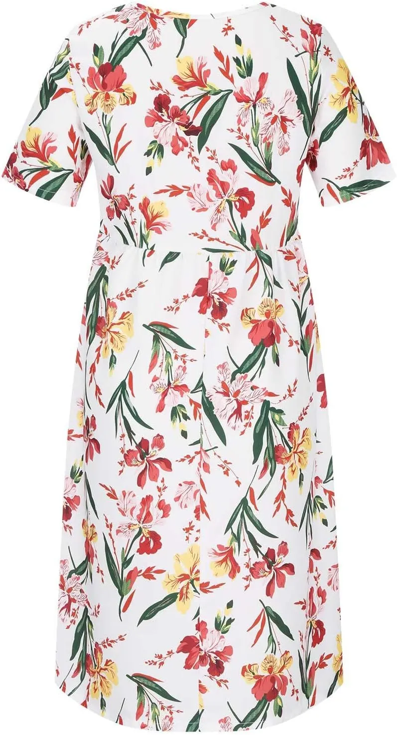 Summer Dresses for Women Floral Print Short Sleeve Long Dress Casual Loose Sundress Travel Vacation Summer Clothes