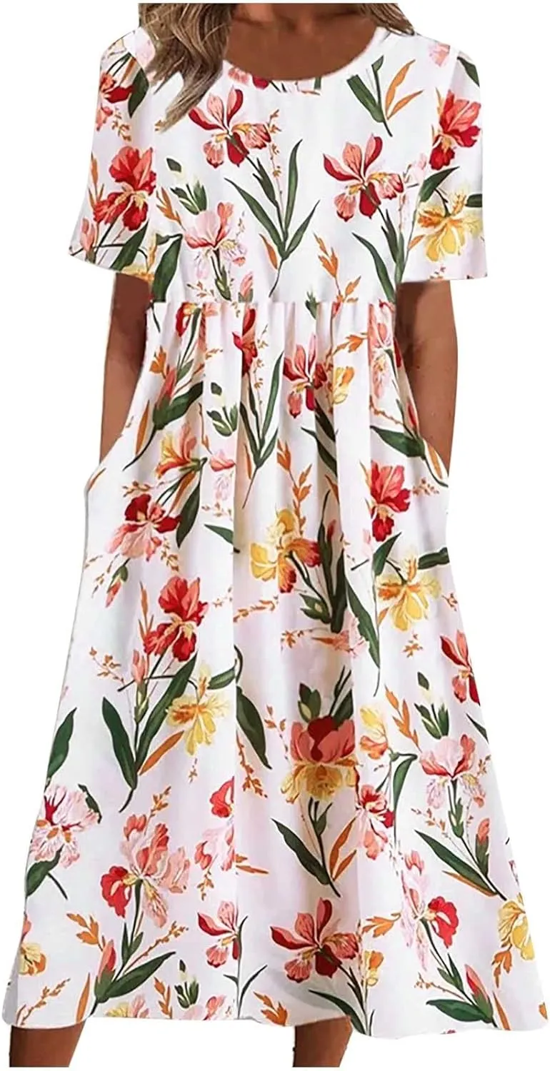 Summer Dresses for Women Floral Print Short Sleeve Long Dress Casual Loose Sundress Travel Vacation Summer Clothes