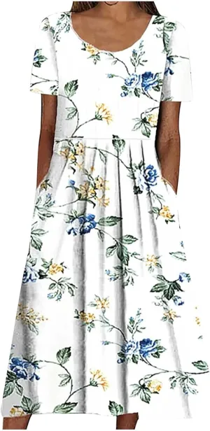 Summer Dresses for Women Floral Print Short Sleeve Long Dress Casual Loose Sundress Travel Vacation Summer Clothes