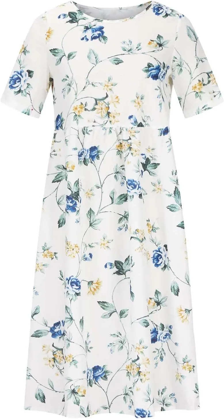 Summer Dresses for Women Floral Print Short Sleeve Long Dress Casual Loose Sundress Travel Vacation Summer Clothes