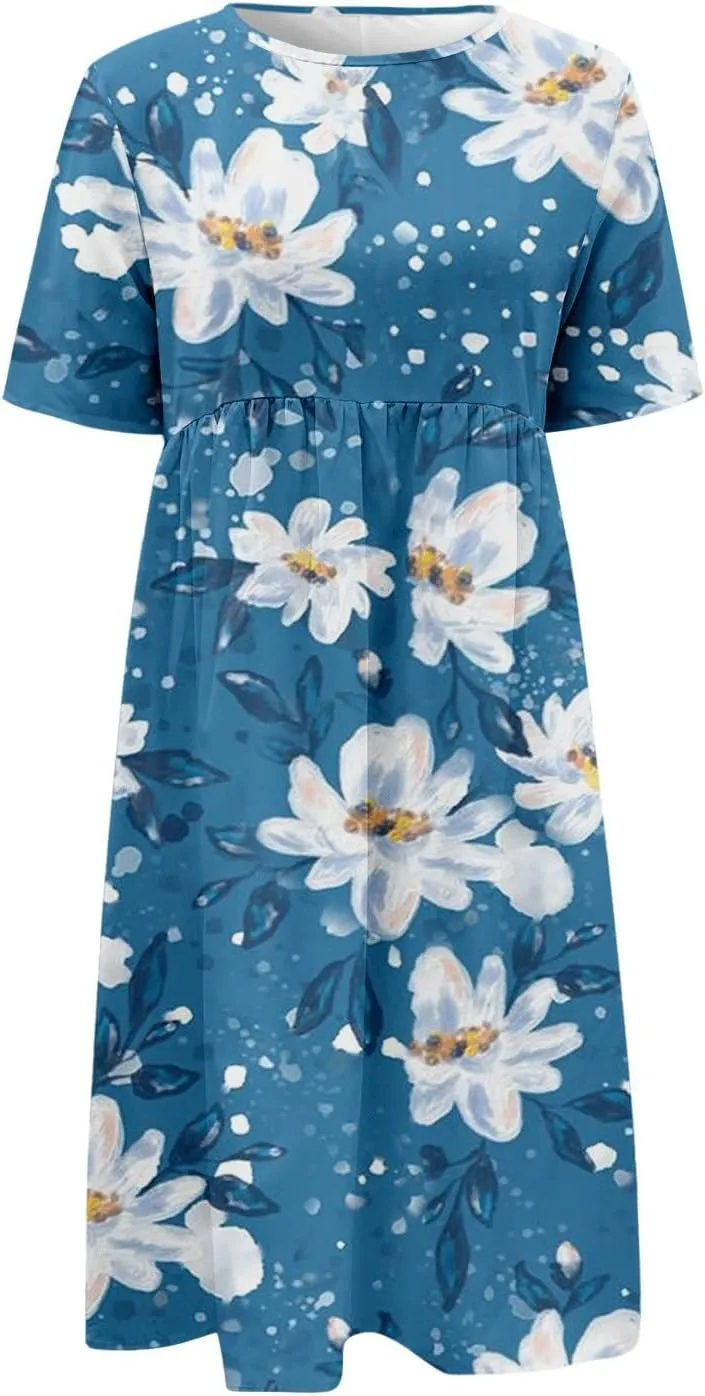 Summer Dresses for Women Floral Print Short Sleeve Long Dress Casual Loose Sundress Travel Vacation Summer Clothes
