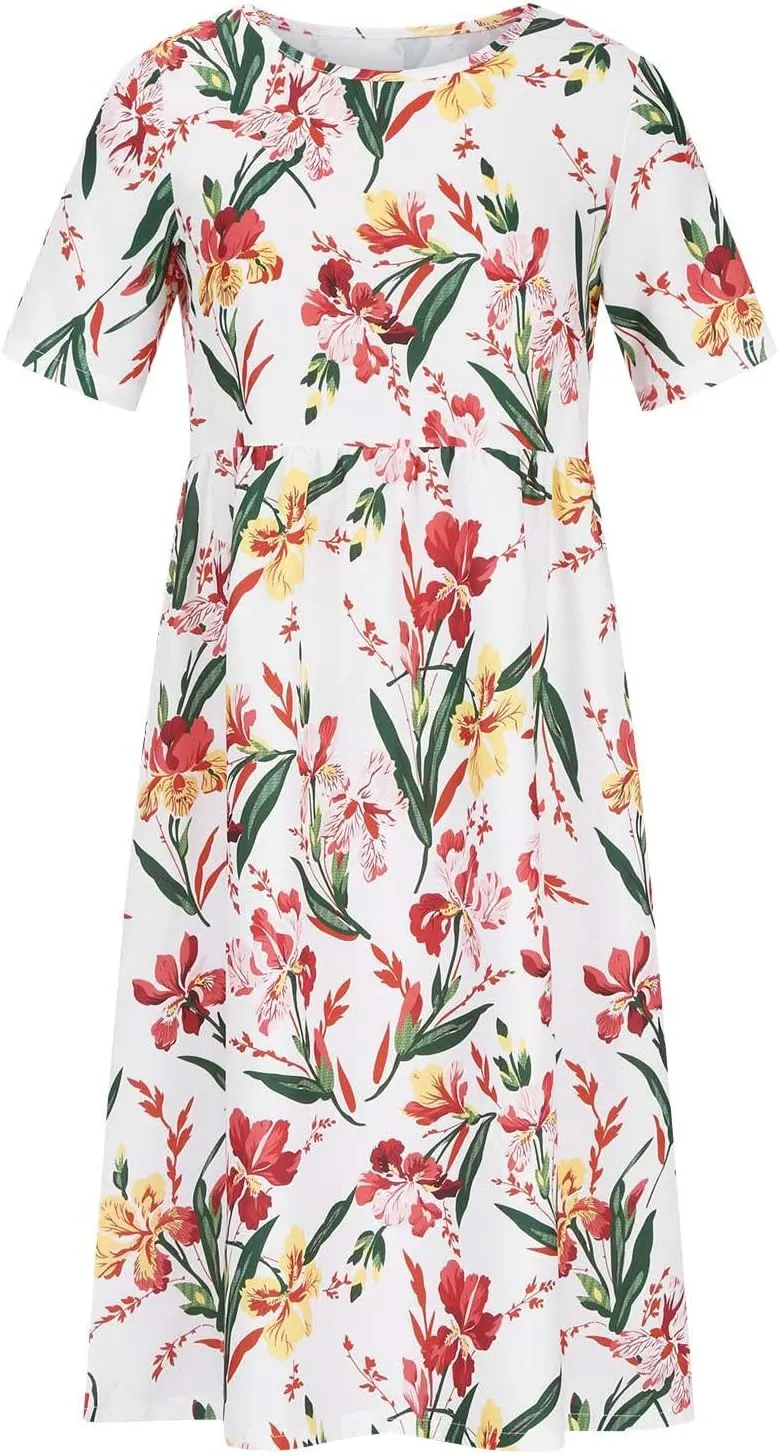 Summer Dresses for Women Floral Print Short Sleeve Long Dress Casual Loose Sundress Travel Vacation Summer Clothes