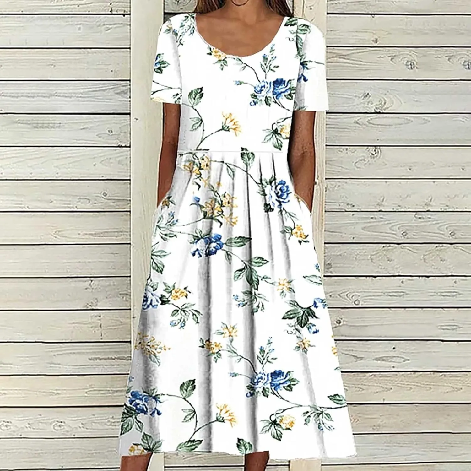Summer Dresses for Women Floral Print Short Sleeve Long Dress Casual Loose Sundress Travel Vacation Summer Clothes