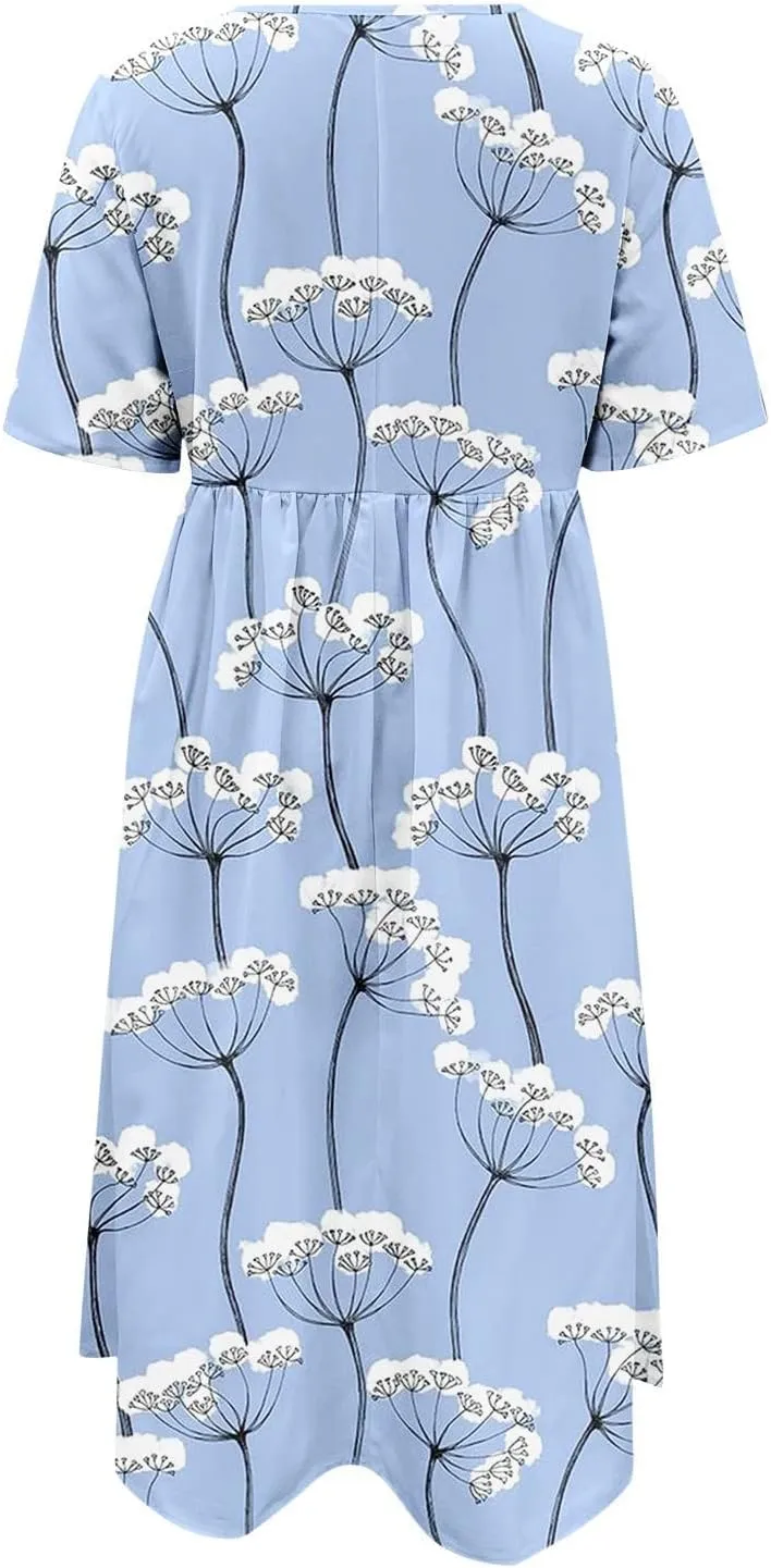 Summer Dresses for Women Floral Print Short Sleeve Long Dress Casual Loose Sundress Travel Vacation Summer Clothes