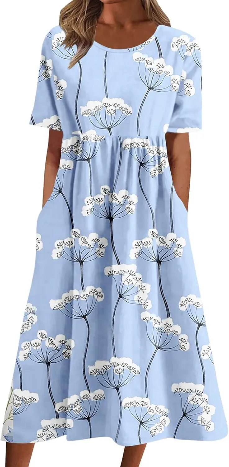 Summer Dresses for Women Floral Print Short Sleeve Long Dress Casual Loose Sundress Travel Vacation Summer Clothes