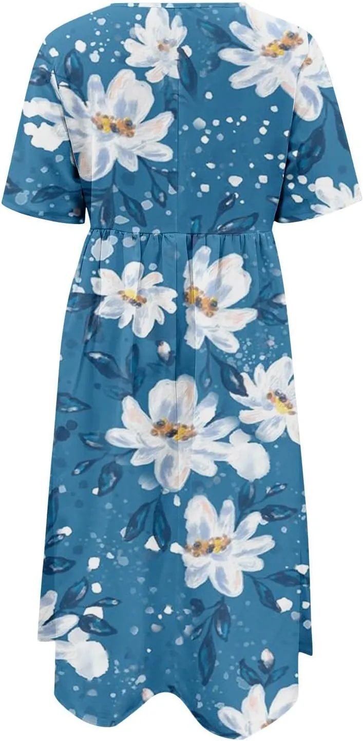 Summer Dresses for Women Floral Print Short Sleeve Long Dress Casual Loose Sundress Travel Vacation Summer Clothes
