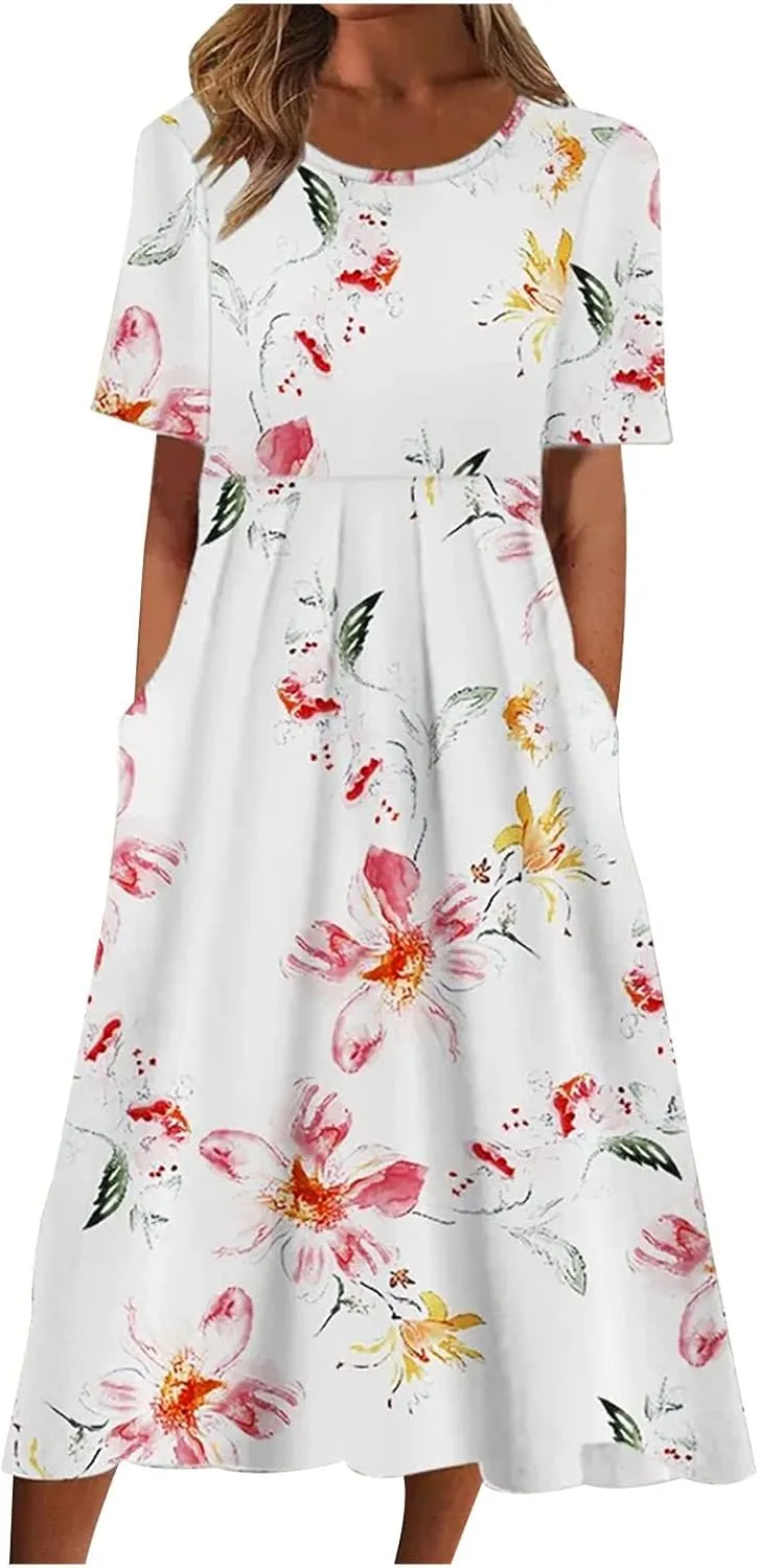 Summer Dresses for Women Floral Print Short Sleeve Long Dress Casual Loose Sundress Travel Vacation Summer Clothes