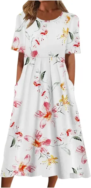 Summer Dresses for Women Floral Print Short Sleeve Long Dress Casual Loose Sundress Travel Vacation Summer Clothes
