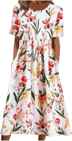 Summer Dresses for Women Floral Print Short Sleeve Long Dress Casual Loose Sundress Travel Vacation Summer Clothes