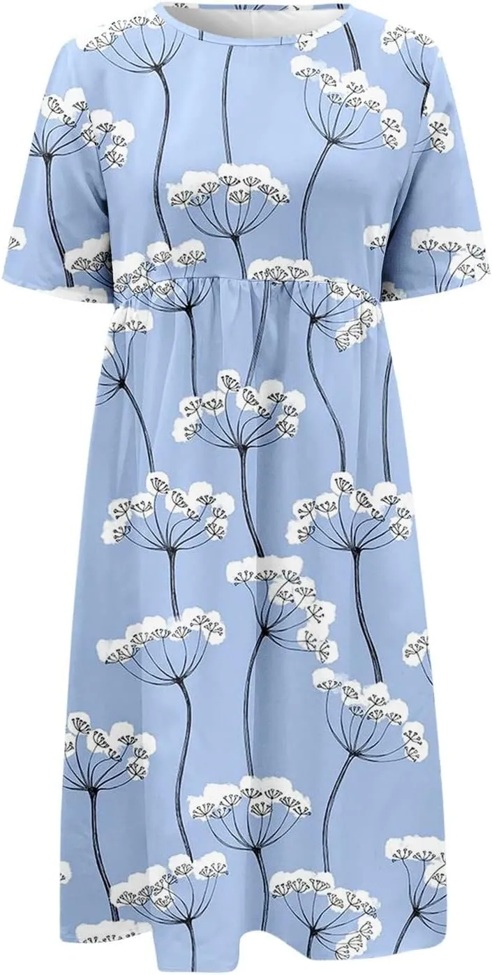Summer Dresses for Women Floral Print Short Sleeve Long Dress Casual Loose Sundress Travel Vacation Summer Clothes