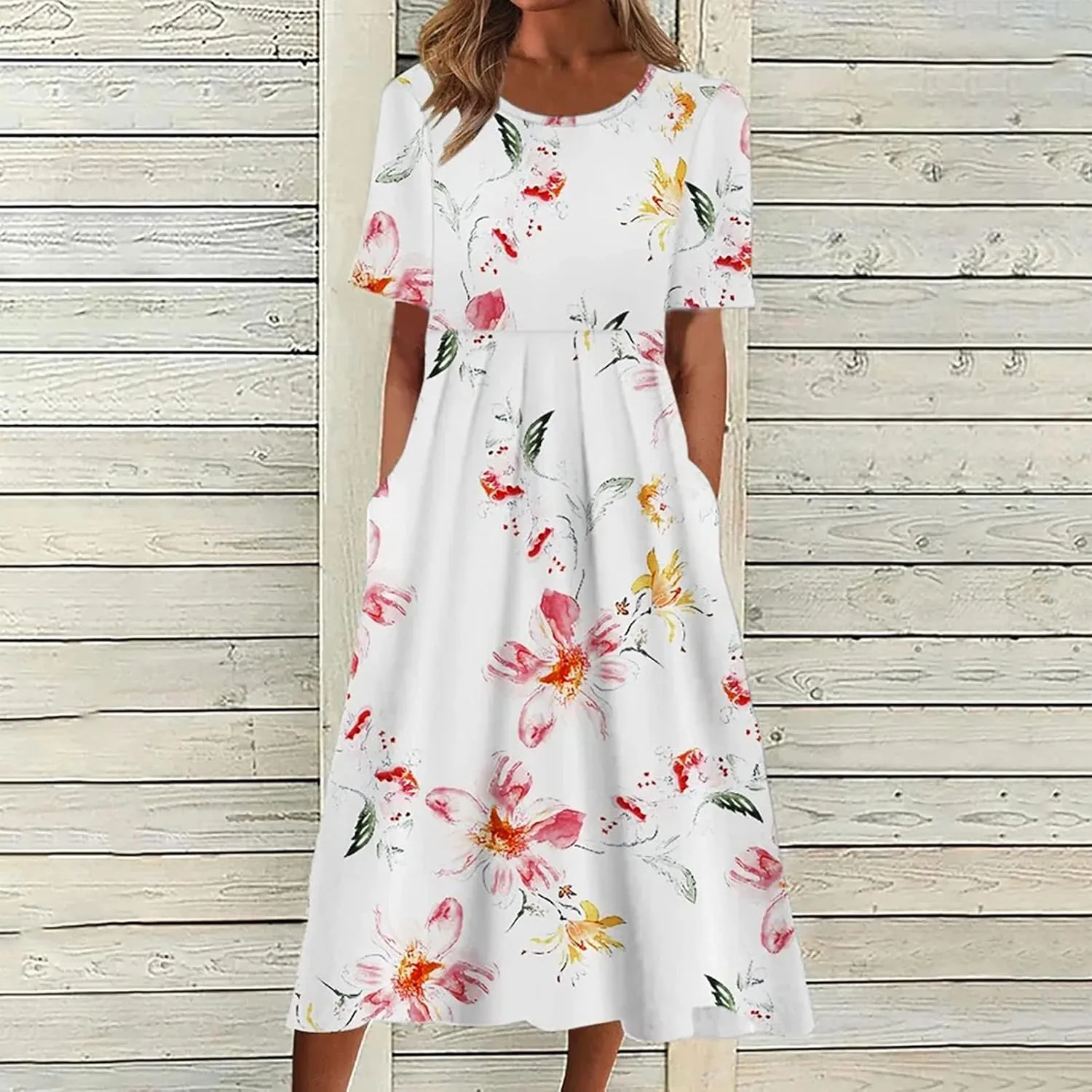 Summer Dresses for Women Floral Print Short Sleeve Long Dress Casual Loose Sundress Travel Vacation Summer Clothes