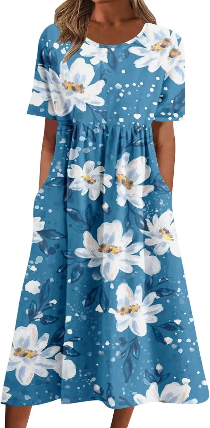 Summer Dresses for Women Floral Print Short Sleeve Long Dress Casual Loose Sundress Travel Vacation Summer Clothes