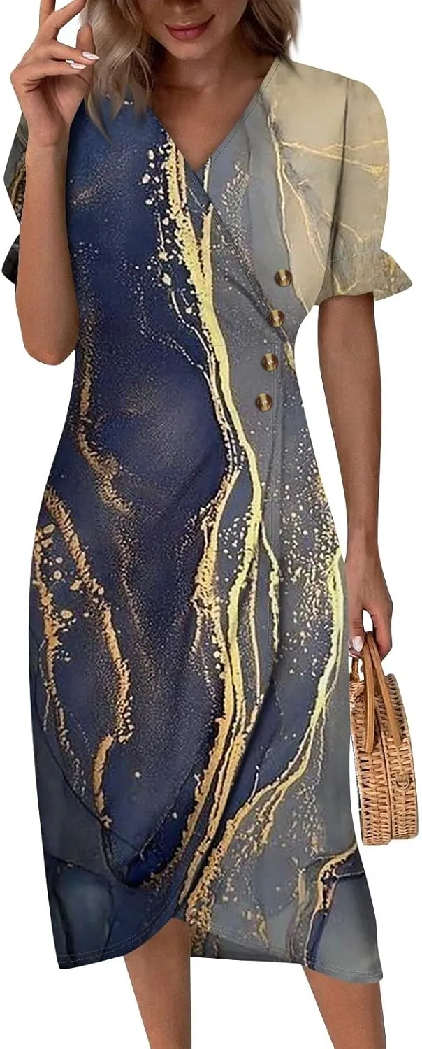 Summer Dresses for Women,Summer Elegant Wrap V Neck Boho Dress Flowy Ruched Hawaiian Maxi Summer Dress