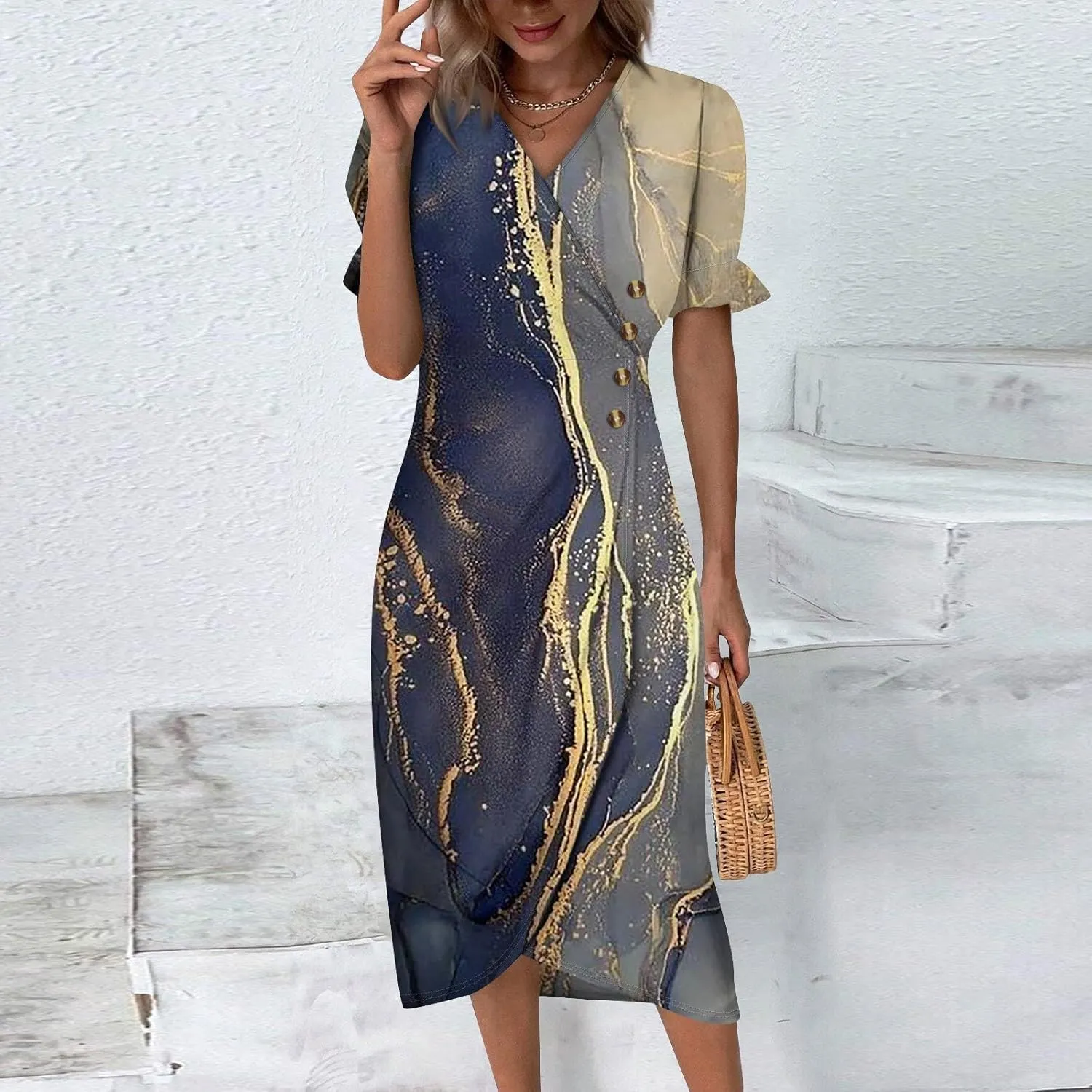 Summer Dresses for Women,Summer Elegant Wrap V Neck Boho Dress Flowy Ruched Hawaiian Maxi Summer Dress