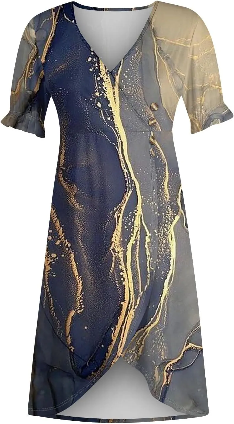 Summer Dresses for Women,Summer Elegant Wrap V Neck Boho Dress Flowy Ruched Hawaiian Maxi Summer Dress