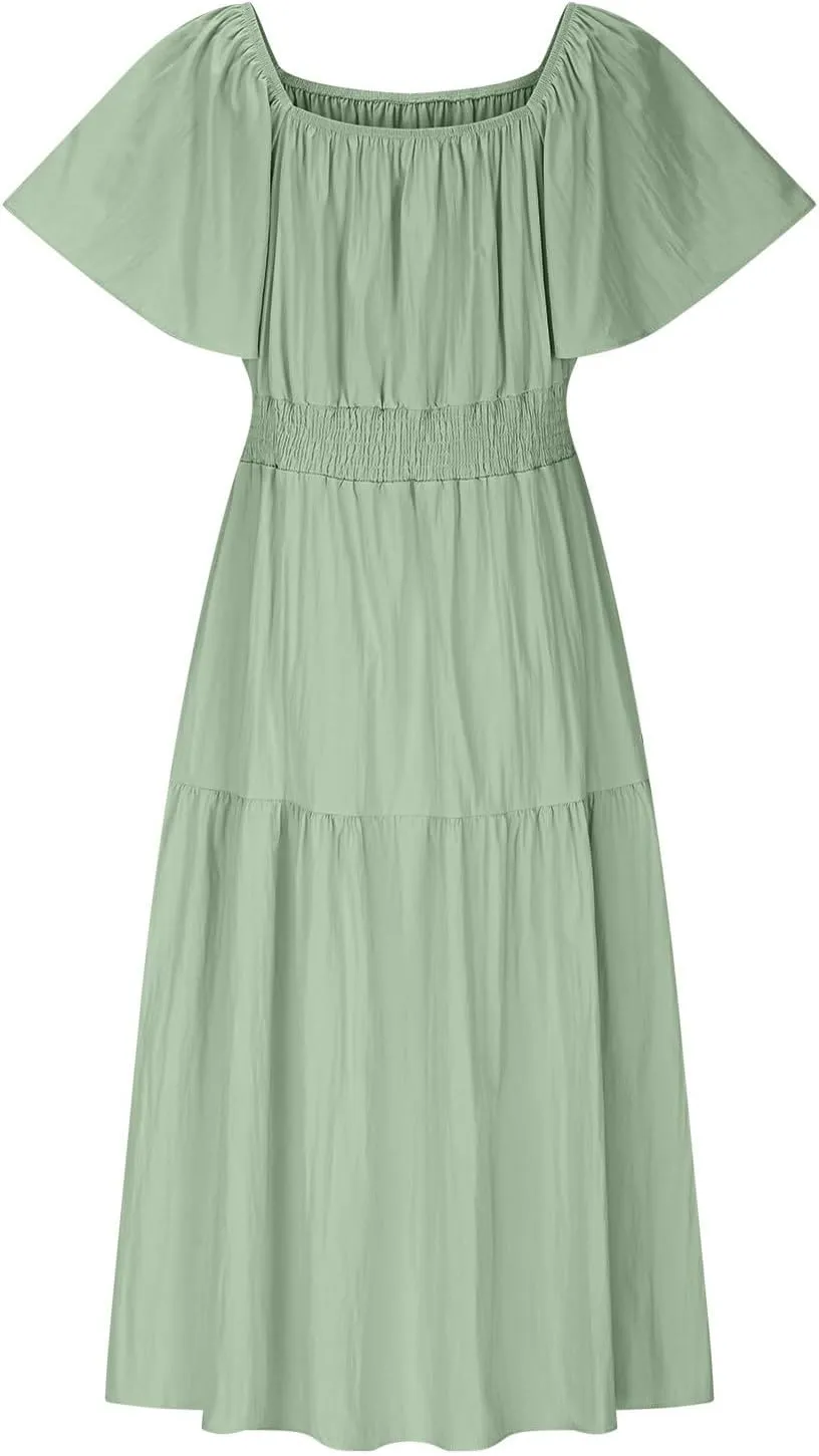 Summer Elegant Dresses for Women Short Sleeve Square Neck Smocked Waist Pleated Tiered Flowy Swing Midi Ruffle Dress