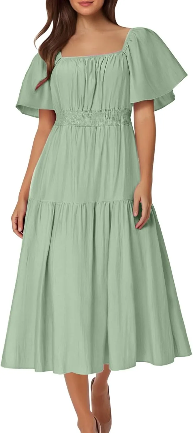 Summer Elegant Dresses for Women Short Sleeve Square Neck Smocked Waist Pleated Tiered Flowy Swing Midi Ruffle Dress