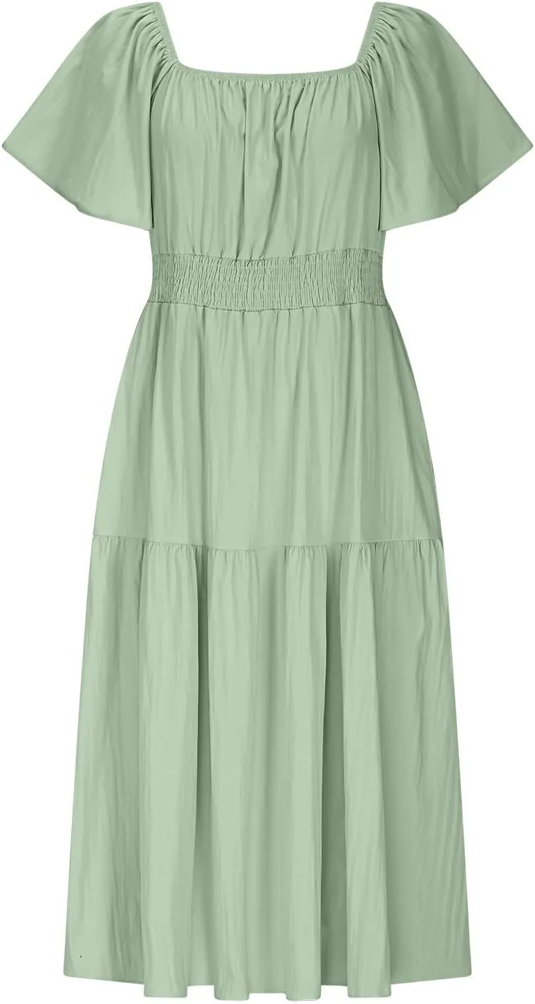 Summer Elegant Dresses for Women Short Sleeve Square Neck Smocked Waist Pleated Tiered Flowy Swing Midi Ruffle Dress
